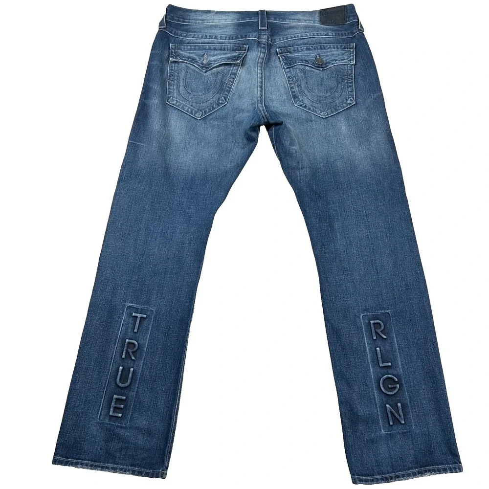 True Religion Ricky Jeans Mens 38 (fits 39x34) Relaxed Straight Flaps Embossed